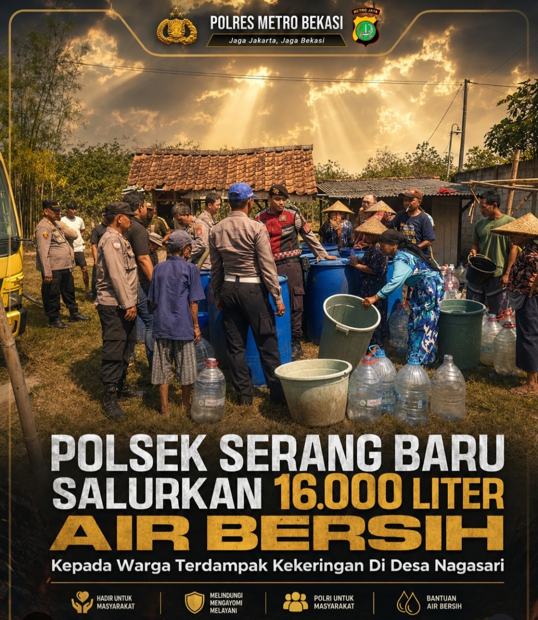 Polsek Serang Baru Polres Metro Bekasi Salurkan Bantuan Air Bersih di Desa Nagasari