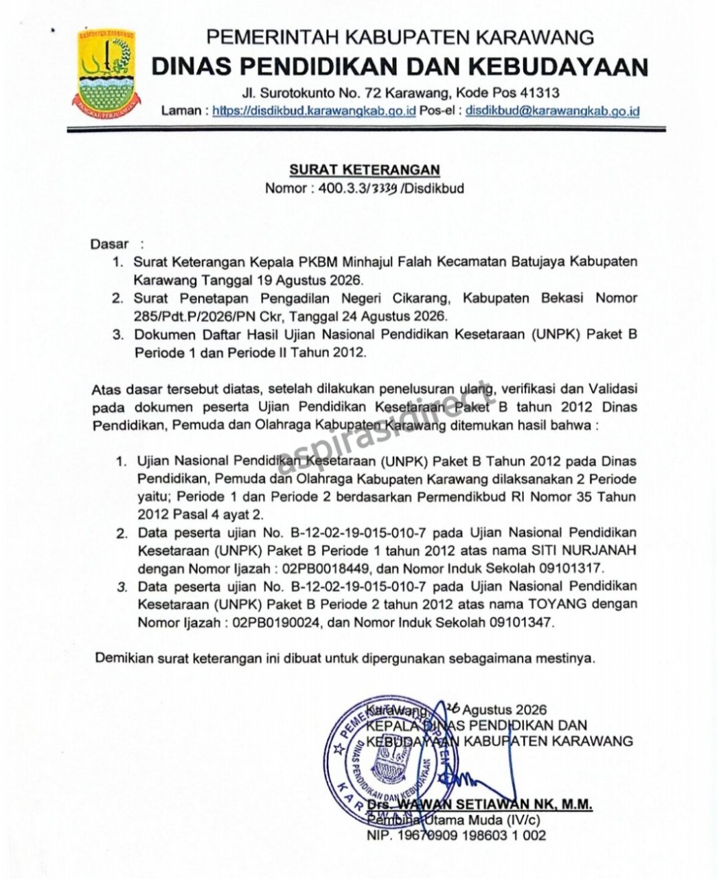 Disdikbud Karawang Klarifikasi Nomor Peserta Ganda UNPK Paket B Tahun 2012