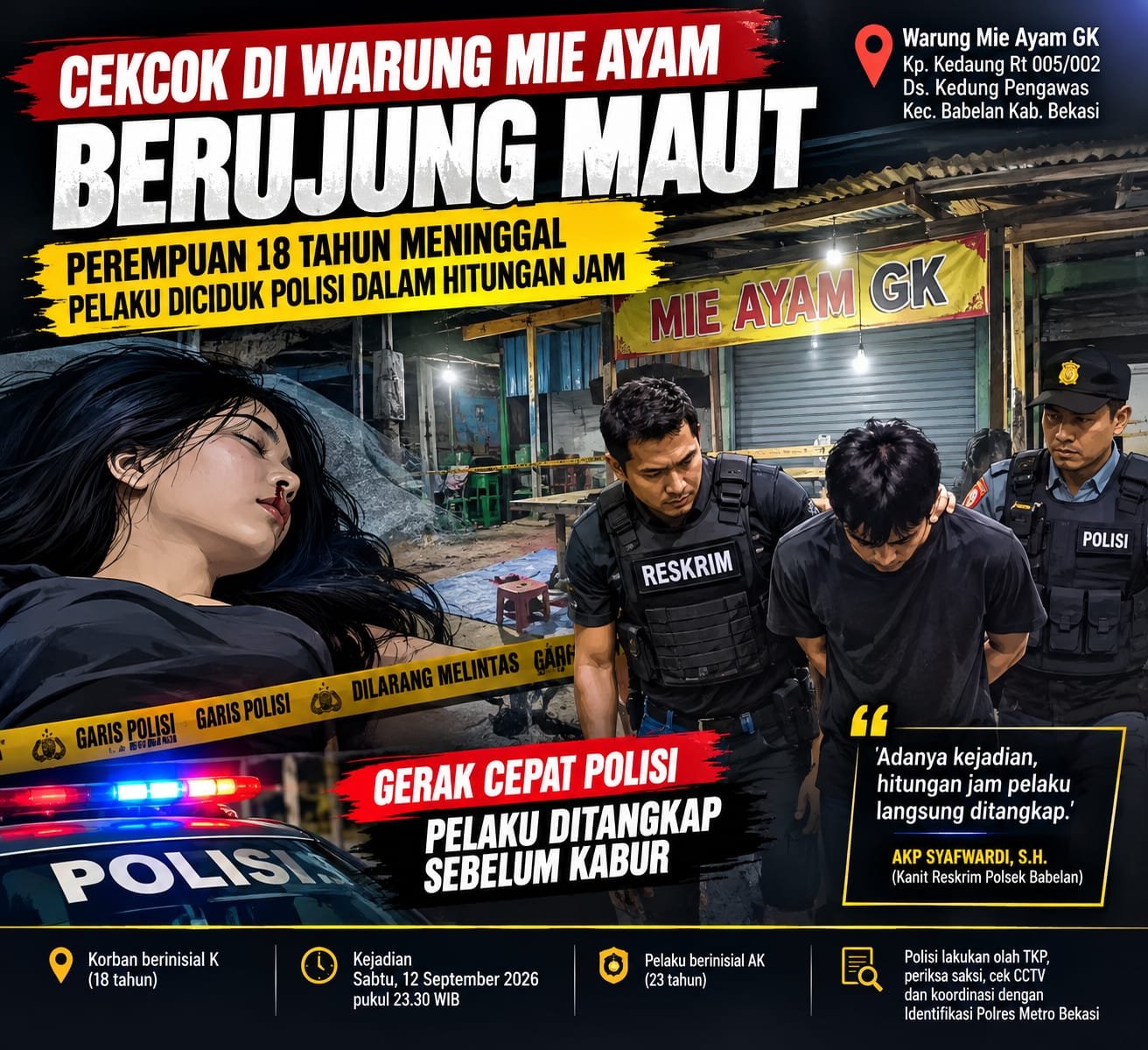 Cekcok Berujung Maut di Babelan, Perempuan 18 Tahun Meninggal Pelaku Diciduk Polisi dalam Hitungan Jam
